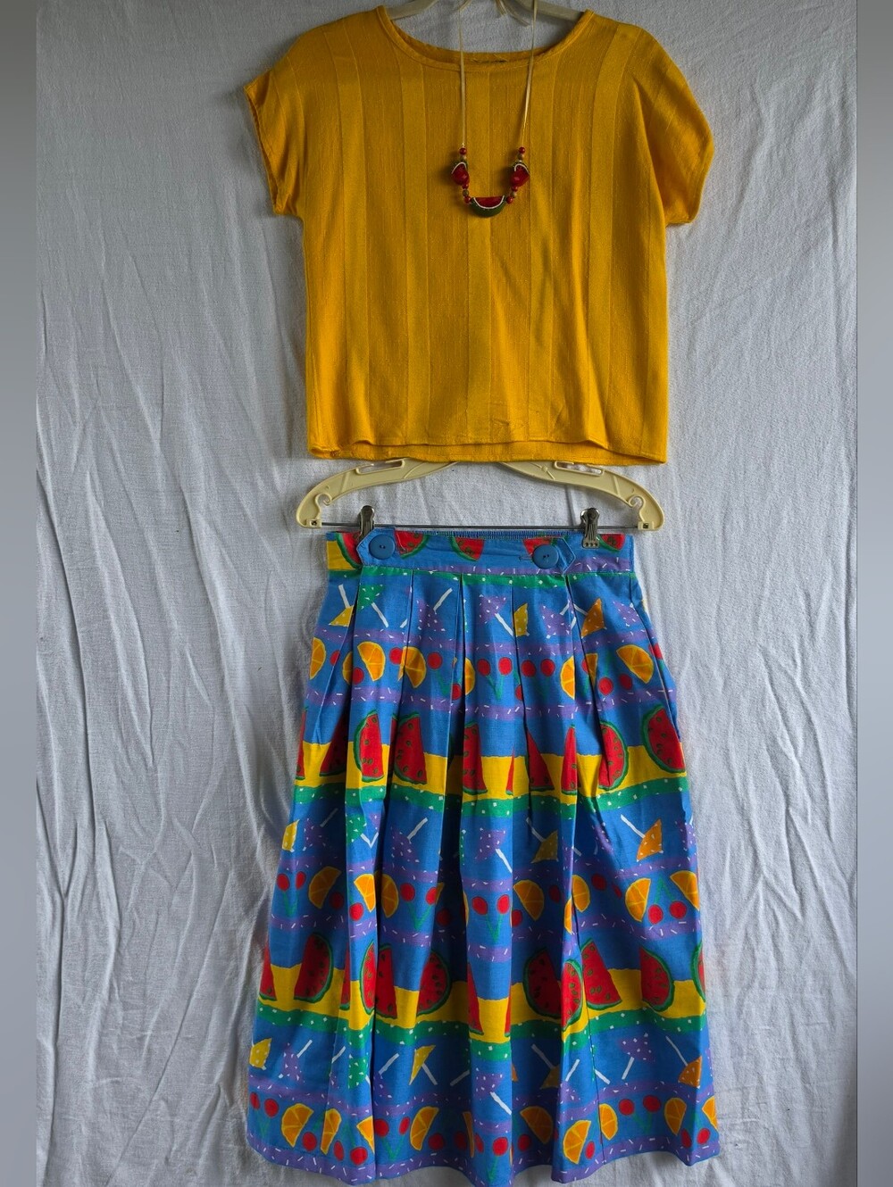 Vintage Peter Popovitch Skirt Sz Medium w/ Yellow Crop Top & Watermelon Necklace